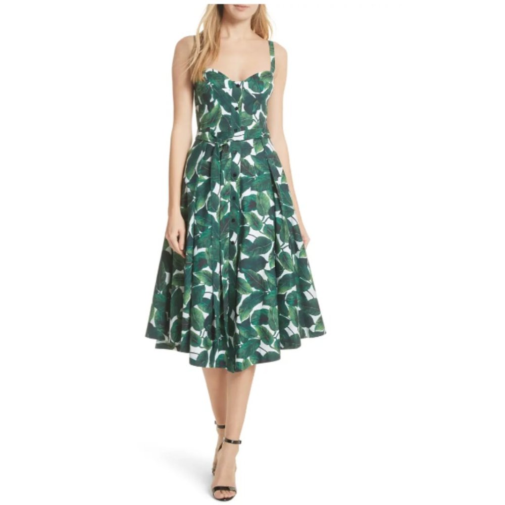 Milly Green Leaf Print Midi Dress